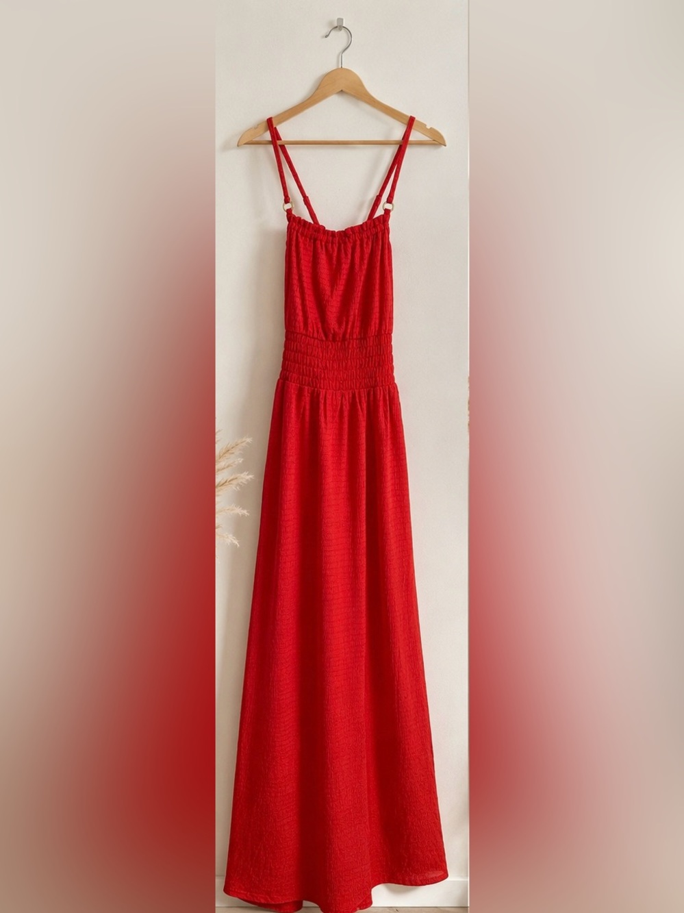 Michael Kors Red Smocked Waist Maxi Dress with Spaghetti Straps
